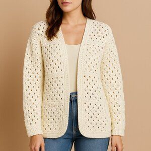 Handmade White Crochet Granny Square Jacket Pearls Cozy Elegant Cardigan Size L